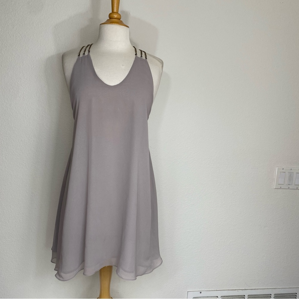Audrey 3+1 Gray V Neck Strappy Chainlink Low Back Trapeeze Mini Dress Size Small